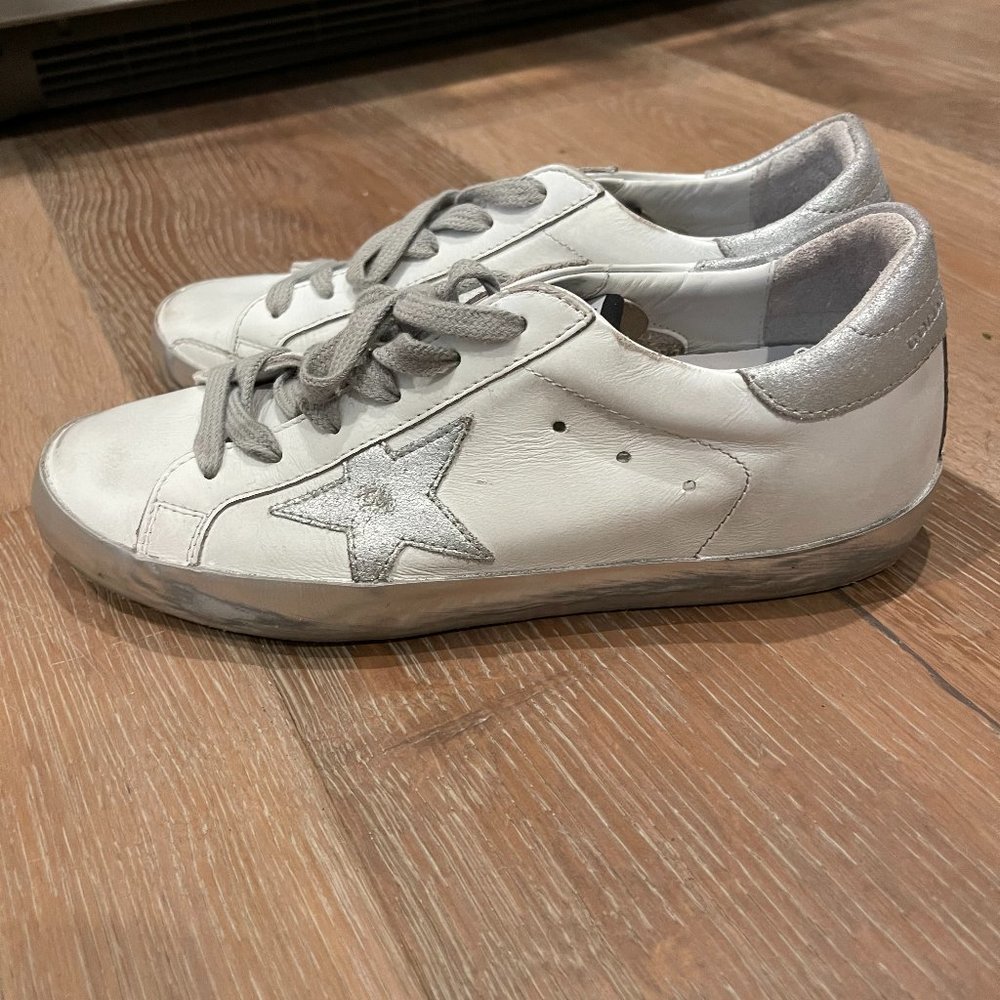 Silver and White Golden Goose SuperStar Sneaker